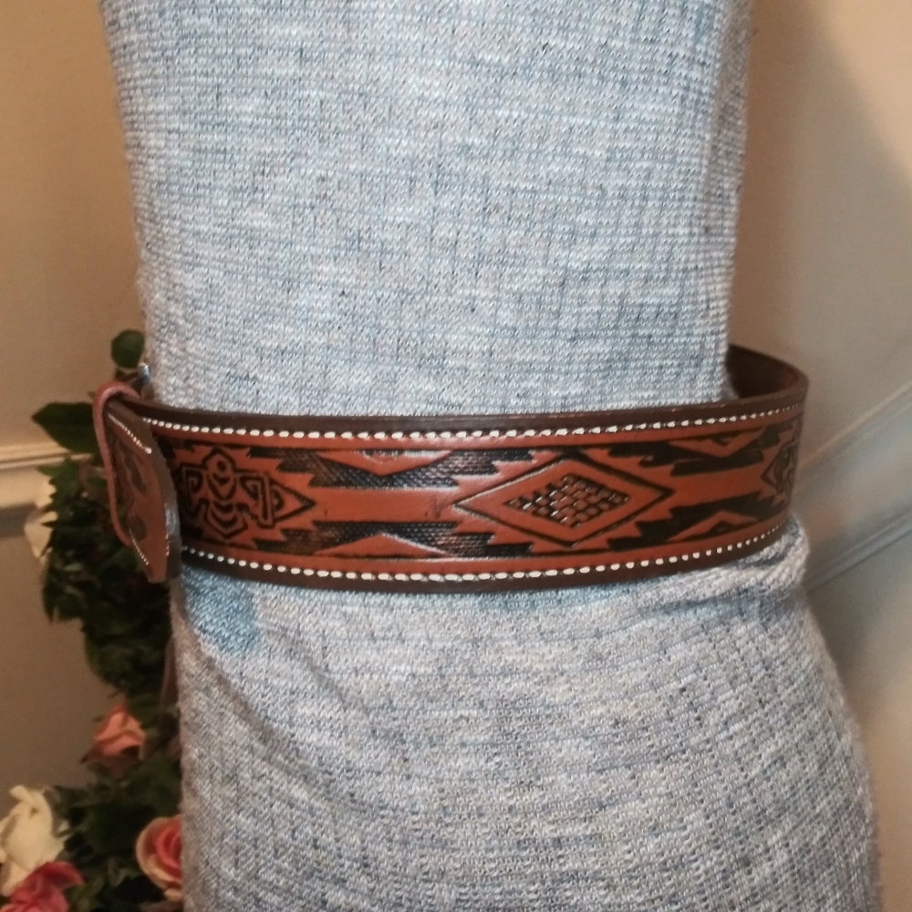 Vintage 70's Unisex Boho Western Faux Leather Thunderbird Belt - Picture 2 of 7